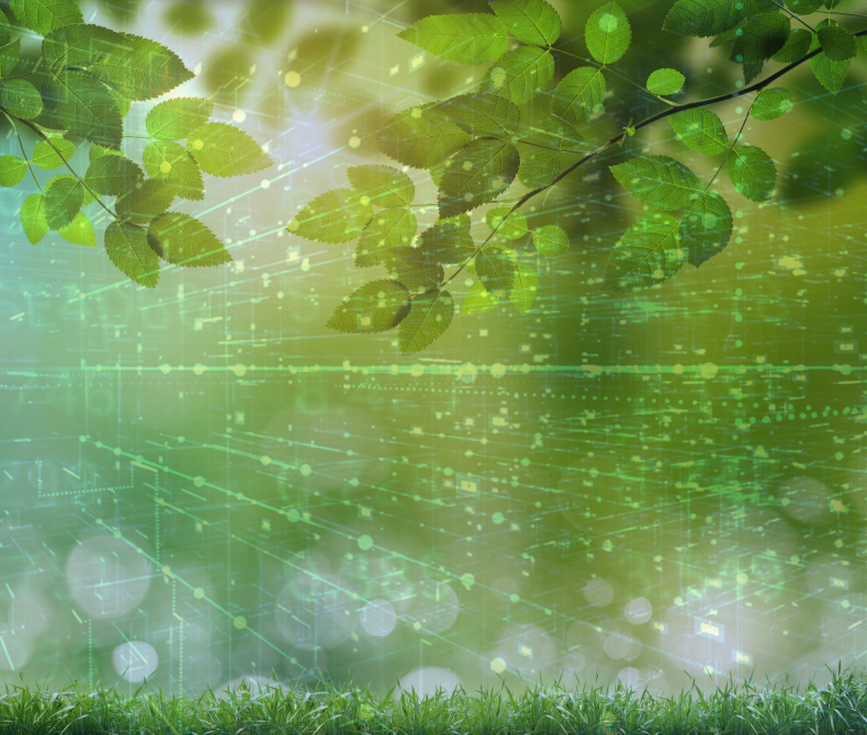 green background with leaves, and overlay of data network graphic