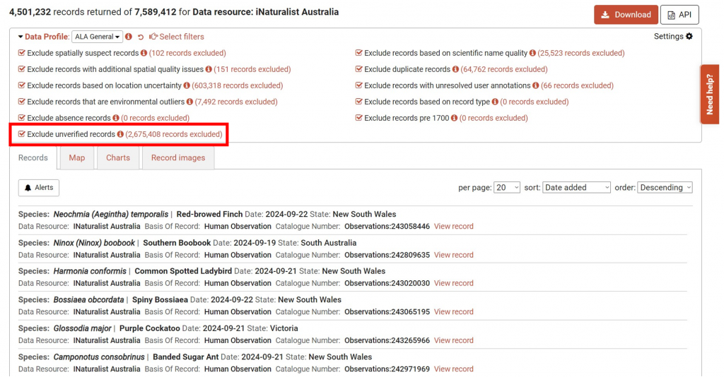 a search results page showing the data quality profile section at the top highlighted