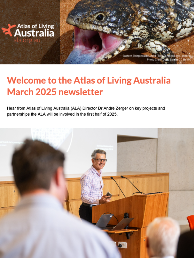 Top section of the ALA newsletter for March, including ALA logo and banner with a shingleback lizard. 