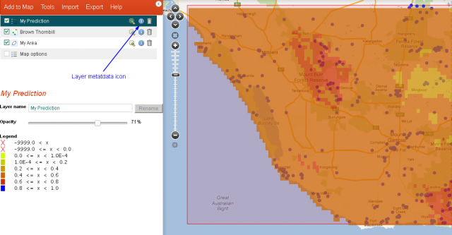 Prediction layer - click the metadata icon for the Model reference number