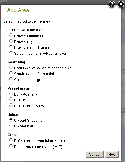 Upload Areas via Add to Map Areas