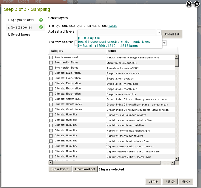 Select the environmental and contextual layers to be sampled at species locations